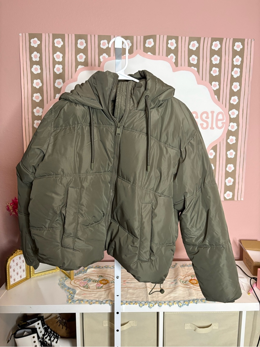 Zara Olive Hooded Puffer Jacket for Women